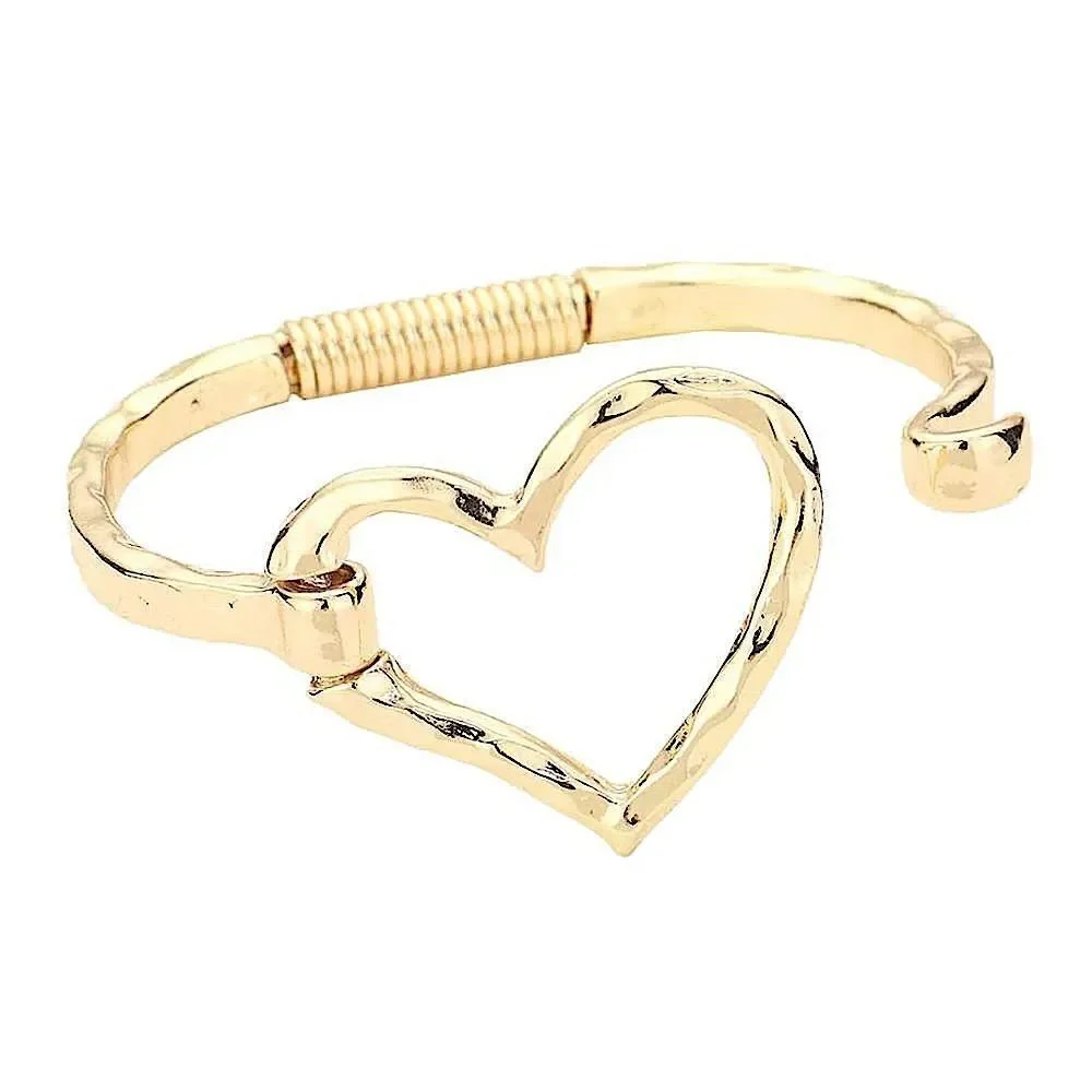 Chunky Gold Hammered Heart Cuff Bracelet Boho Statement Open Heart Bangle
